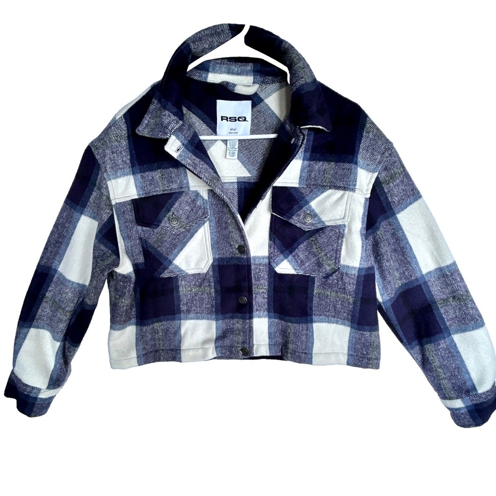 RSQ Wool Flannel Shirt Jacket Womens S M Cropped Overshirt Blue Plaid Shacket